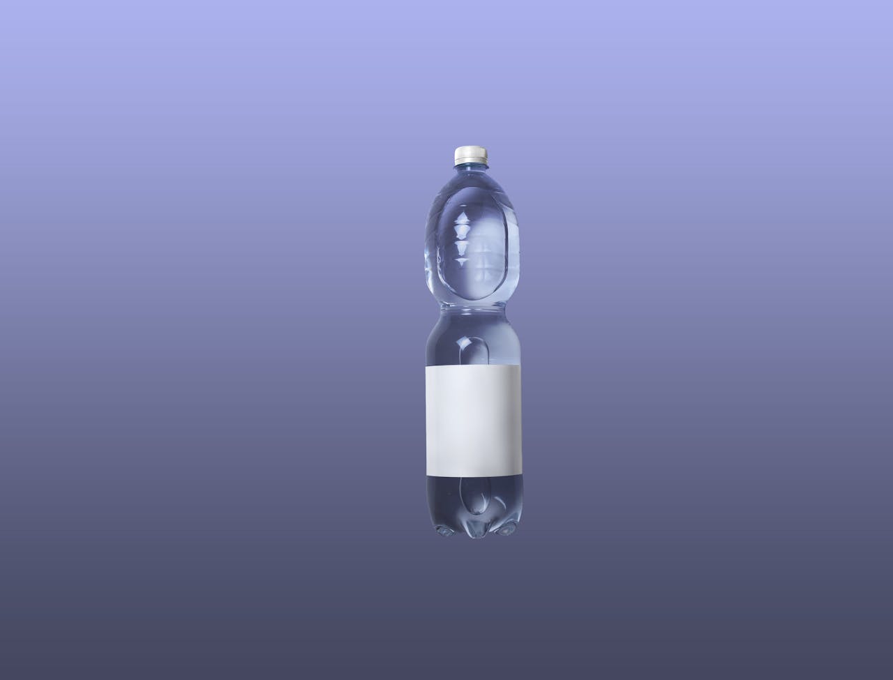 A sleek plastic water bottle against a purple gradient background, perfect for ads.